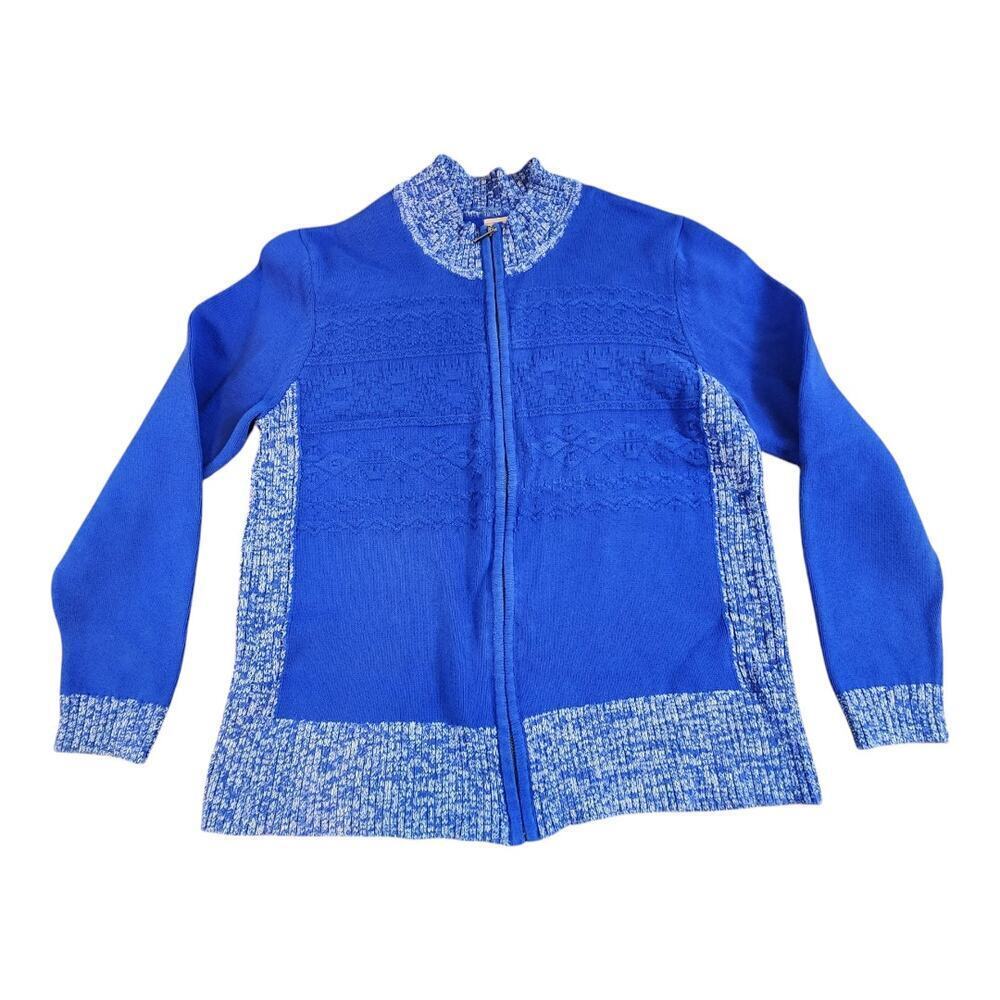 North Crest 100% cotton Sz XL knit cardigan sweater full zip blue Fair isle 3D